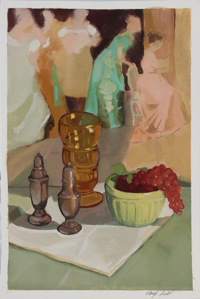 Oil paint on paper by Morijah Kahl titled Still Life with Classical Study. The vertical painting shows a still life set on a white cloth. A tall amber glass stands between two bronze shakers and a light green bowl filled with red grapes. In the blurred background, there are abstract figures in tones of peach, mint green, and off-white.